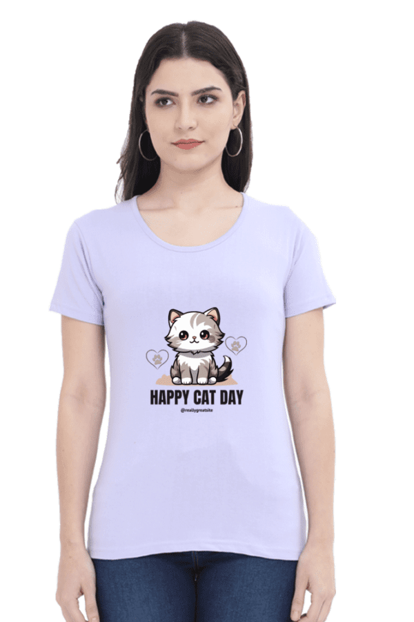 Female Round Neck Half Sleeve Classic || Happy Cat Day