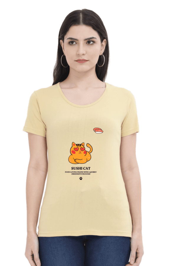 Female Round Neck Half Sleeve Classic || Sushi Cat