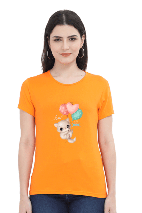 Female Round Neck Half Sleeve Classic || Love Cat
